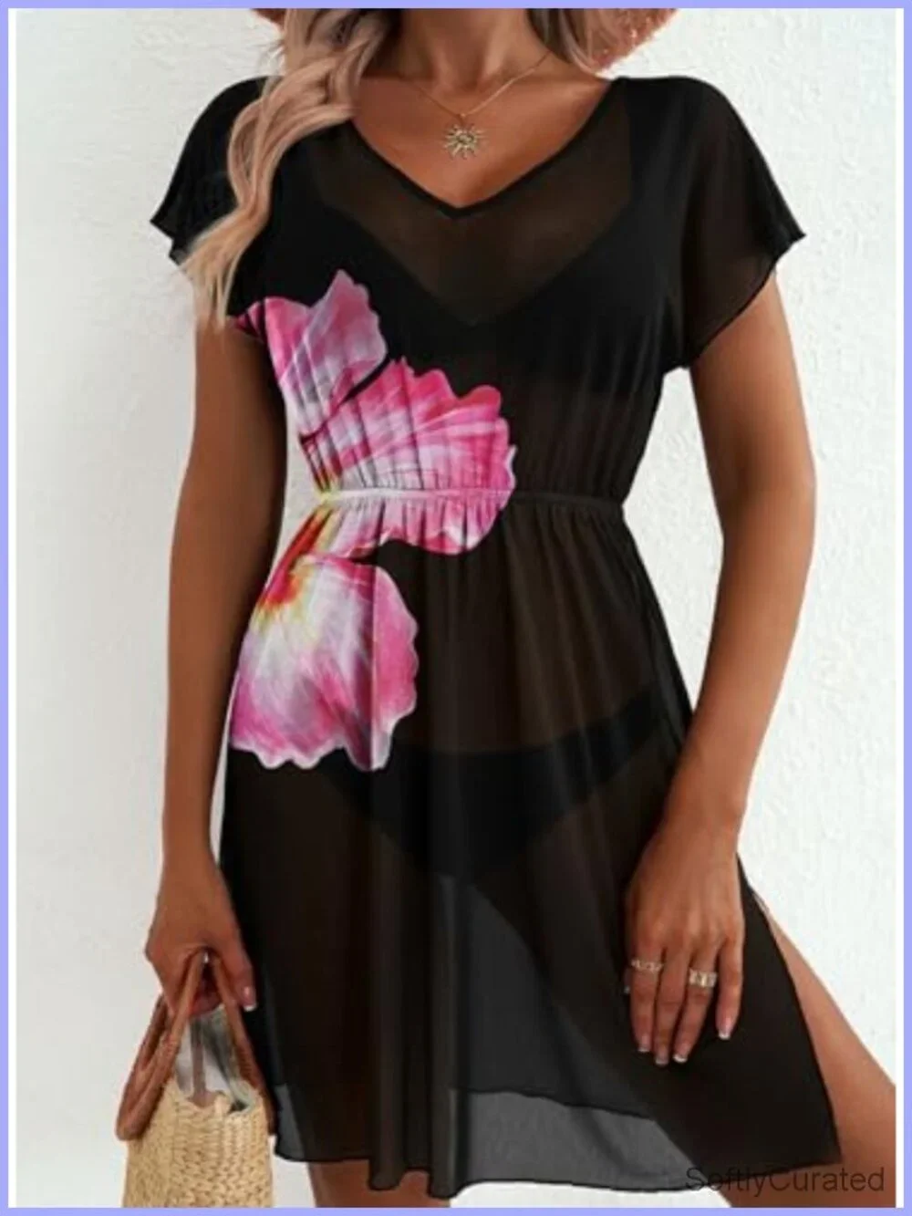 Sheer V-Neck Swim Cover Up Dress Short Sleeve Beach Outfit